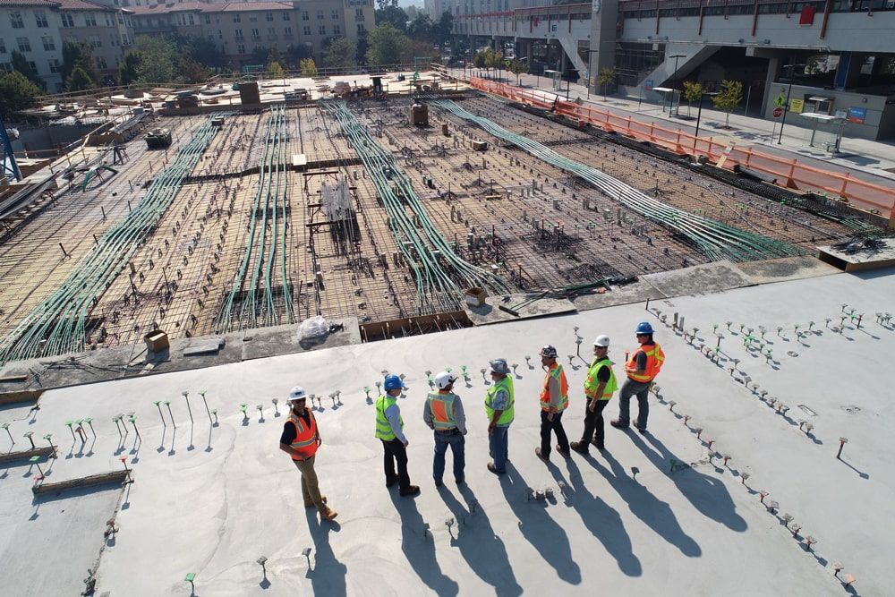 Construction crew on a steel frame, seen from above